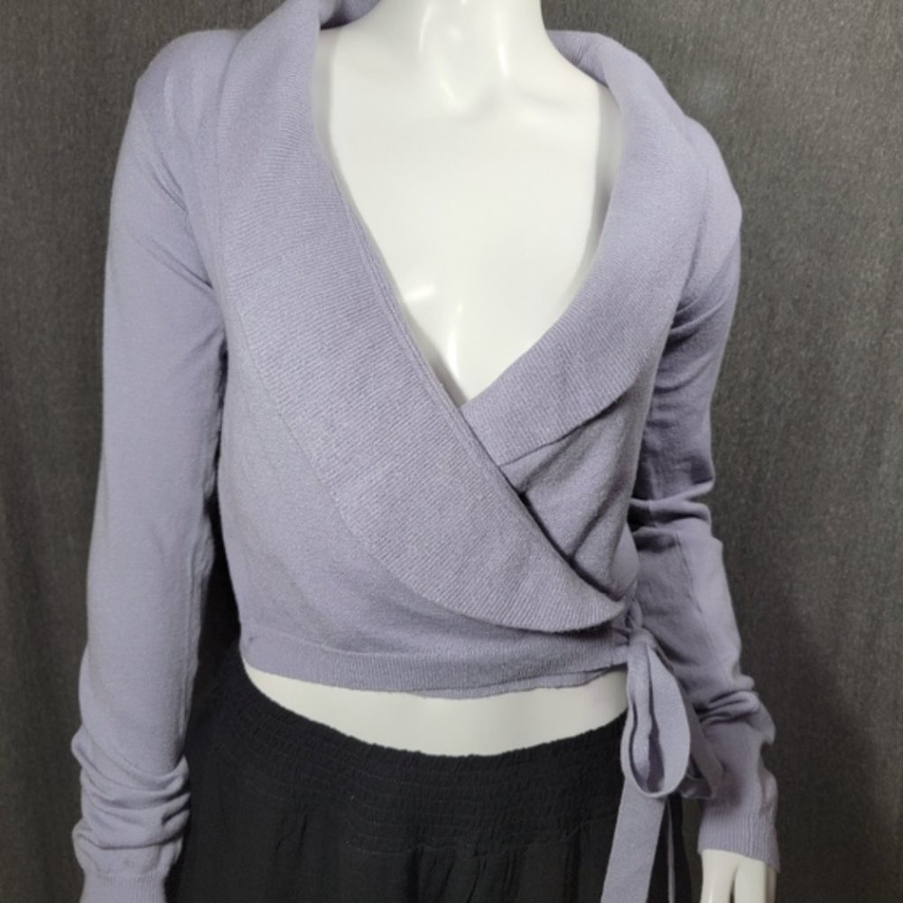 Wild Honey - Light Purple Blue Cropped V-Neck Wrap Sweater with Front Tie